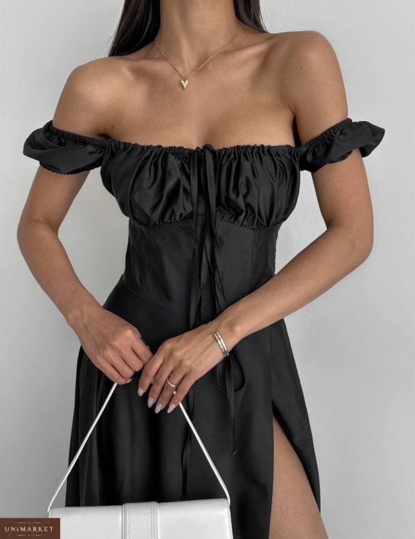 Заказать Вечернее платье в пол с открытыми плечами черного цвета онлайн по скидке