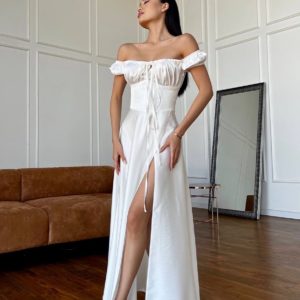 Замовити онлайн в Україні білу Вечірню сукню до підлоги з відкритими плечима на весілля жіночу