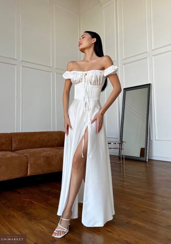 Заказать онлайн в Украине белое Вечернее платье в пол с открытыми плечами на свадьбу женское