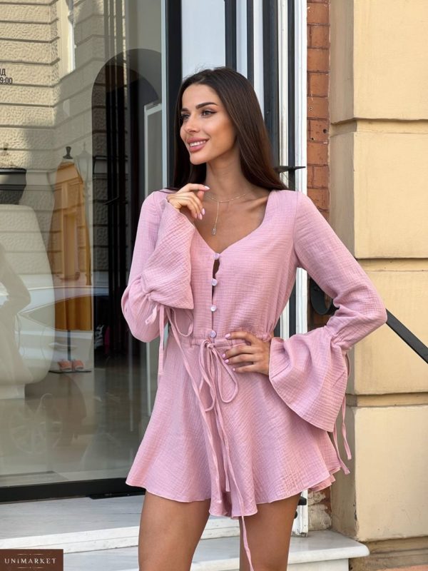 Замовити жіночий Комбінезон із шортами з мусліну рожевий в Україні