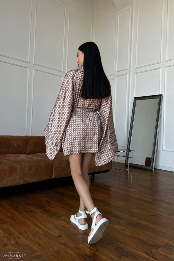 Приобрести в интернете женский Шелковый костюм кимоно с шортами бежевого цвета
