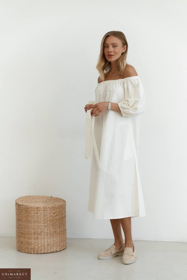 Купити молочну жіночу лляну сукню з поясом (розмір 40-48) зі знижкою