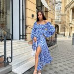 Заказать в Украине синее Принтованное шелковое платье для женщин