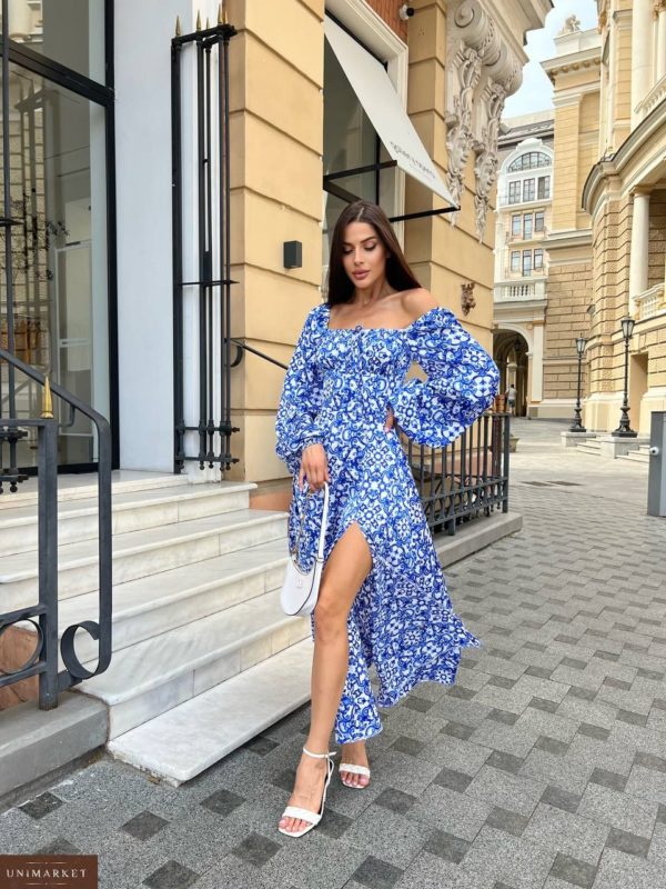 Заказать в Украине синее Принтованное шелковое платье для женщин
