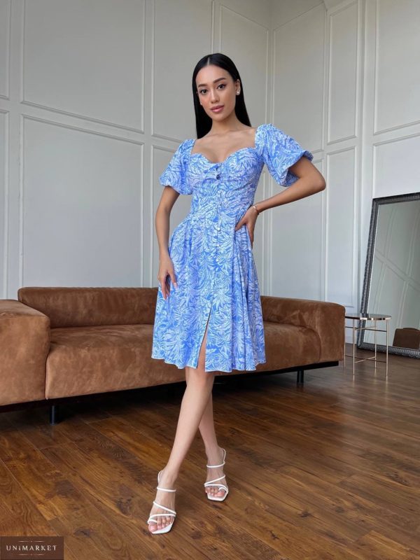 Заказать на лето Цветочное платье на пуговицах голубое онлайн