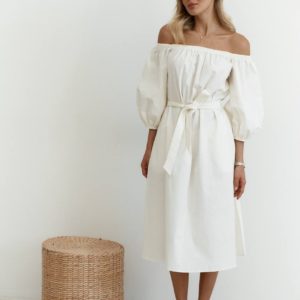 Замовити в інтернеті жіночу лляну сукню з поясом (розмір 40-48) молочного кольору