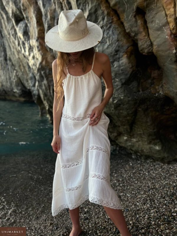 Заказать онлайн белое Летнее платье из муслина с кружевом для женщин