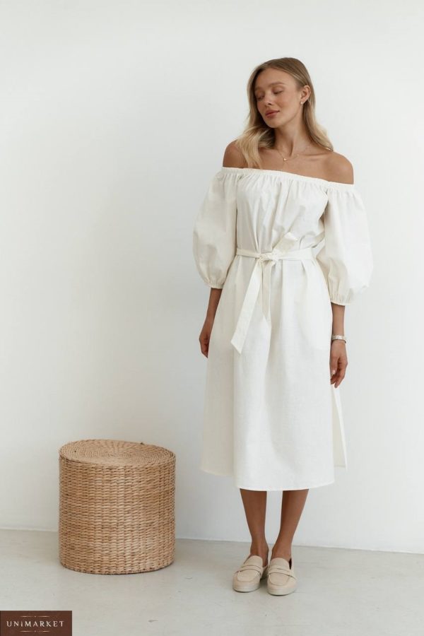 Заказать в интернете женское Льняное платье с поясом (размер 40-48) молочного цвета