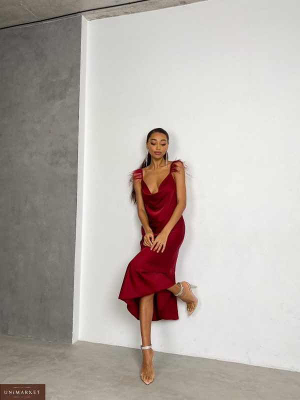 Замовити в інтернеті жіночу Сукню-комбінацію з пір'ям бордо