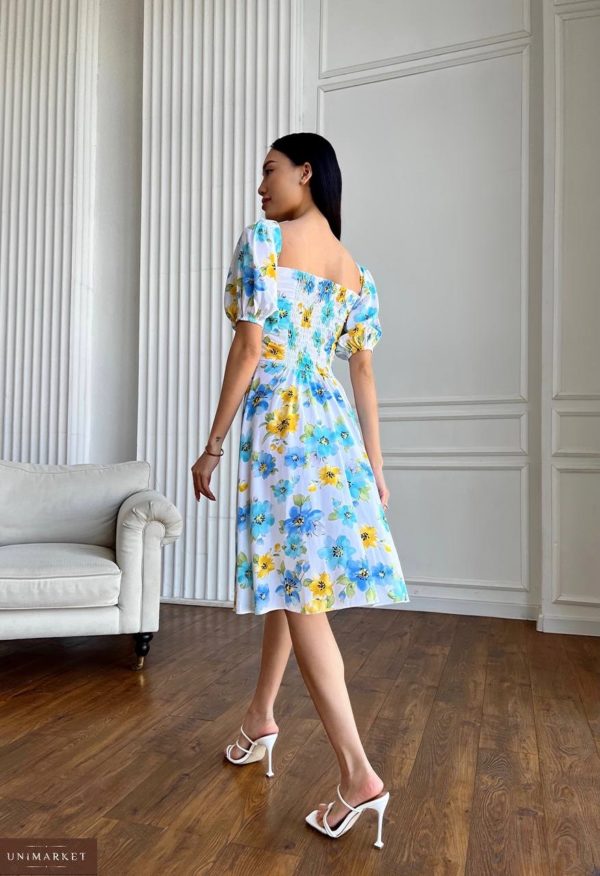 Купити жовто-блакитну жіночу Квіткову сукню на ґудзиках в Україні