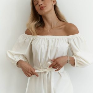 Купить в Украине молочное Льняное платье с поясом (размер 40-48) для женщин