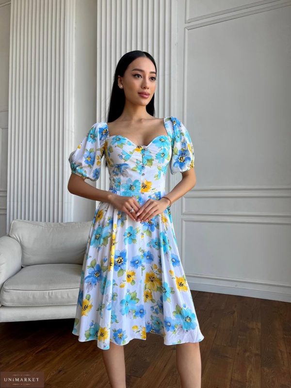 Заказать онлайн желто-голубое Цветочное платье на пуговицах для женщин