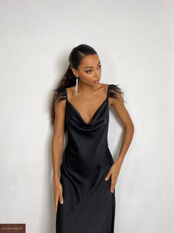 Купить черное Платье-комбинацию с перьями нарядное по скидке для женщин