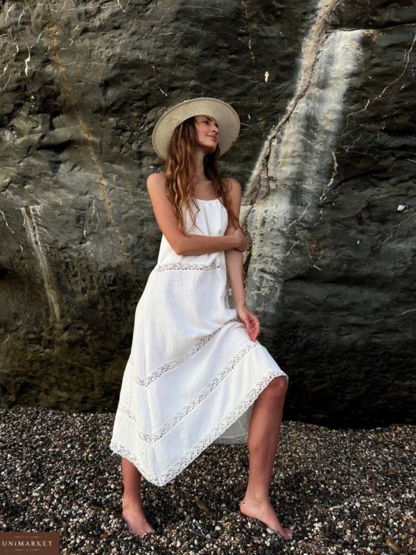Заказать дешево в Украине белое Летнее платье из муслина с кружевом для женщин
