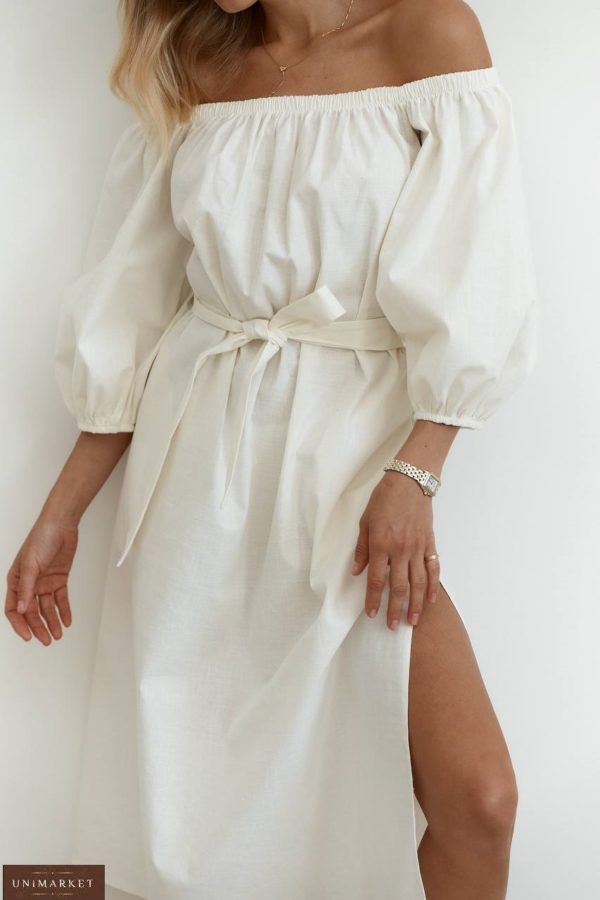 Заказать со скидкой Льняное платье с поясом (размер 40-48) белое женское