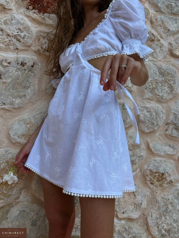 Приобрести белое женское Платье из прошвы с открытыми плечами в интернете
