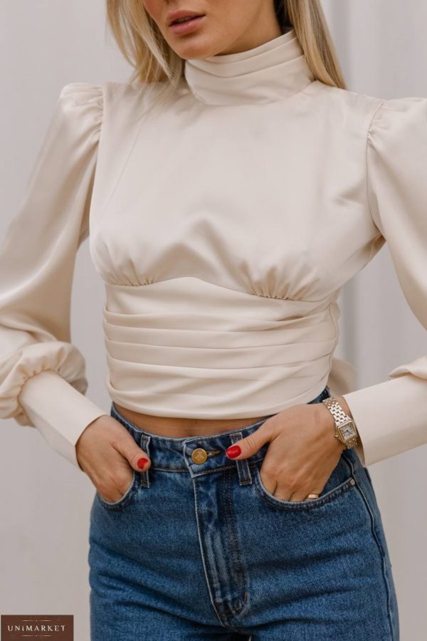 Замовити молочну жіночу Укорочену шовкову блузу з відкритою спиною онлайн