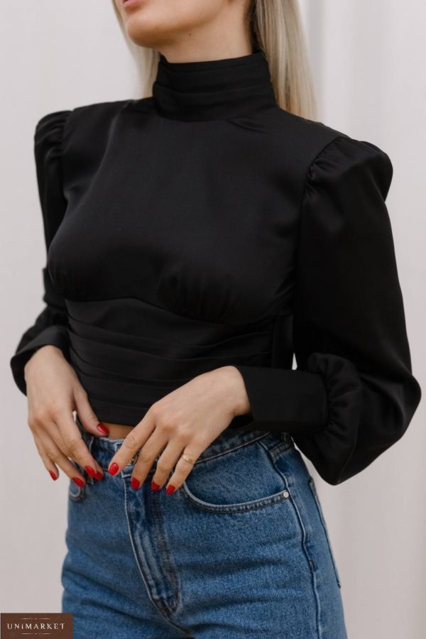 Придбати чорного кольору Укорочену шовкову блузу з відкритою спиною для жінок вигідно