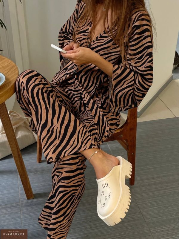 Купить коричневый зебра Принтованный льняной костюм женский на лето онлайн
