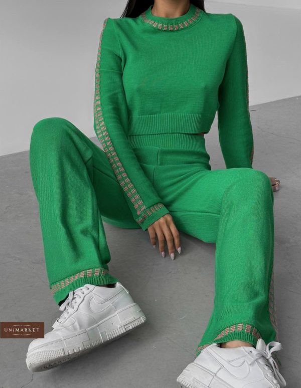 Замовити в Україні Трикотажний костюм з укороченою кофтою (розмір 42-48) для жінок зелений
