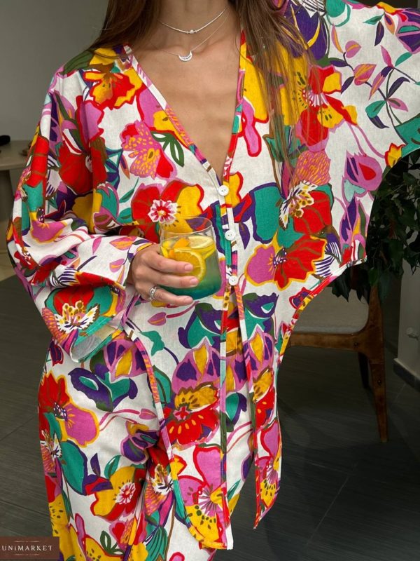Замовити онлайн квітковий Принтований лляний костюм з квітів для жінок