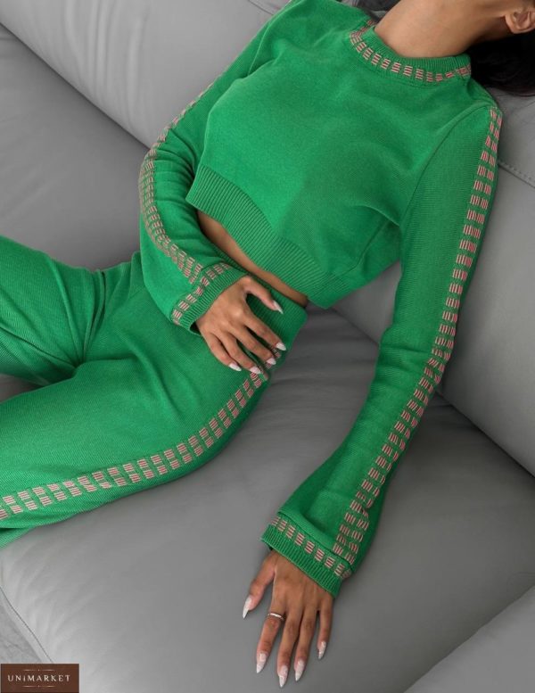 Купити за низькими цінами жіночий Трикотажний костюм з укороченою кофтою (розмір 42-48) зелений