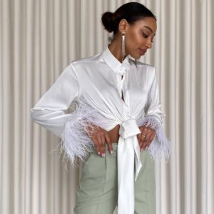 Купить в Украине белую Шелковую блузу с перьями женскую