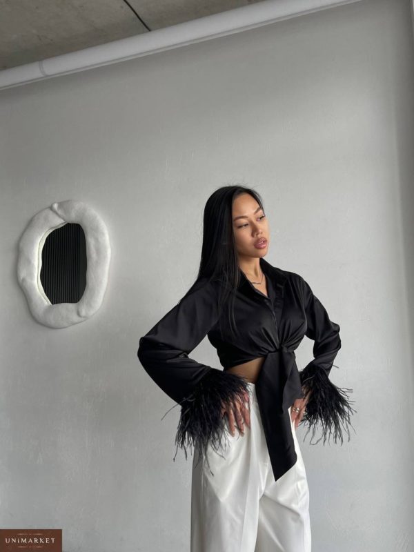 Замовити чорну жіночу Шовкову блузу з пір'ям онлайн