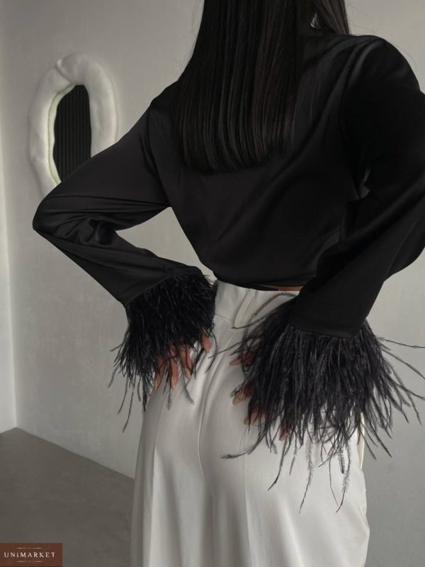 Приобрести в интернете черного цвета Шелковую блузу с перьями для женщин