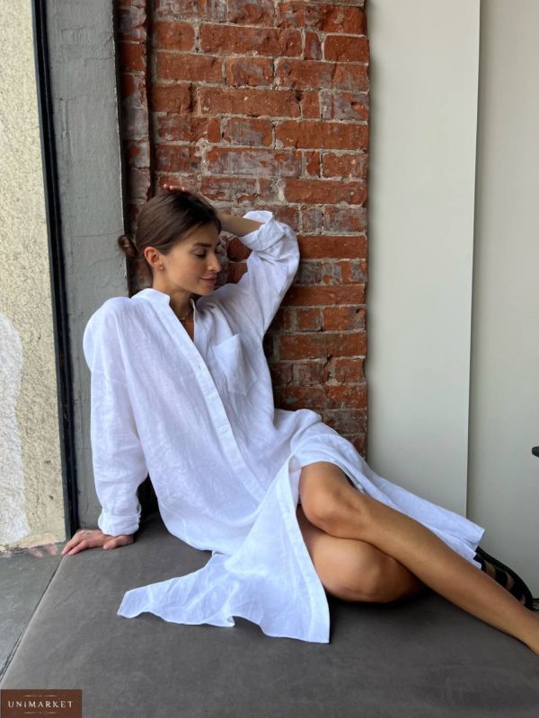 Купити білу на літо Подовжену сорочку-сукню з льону в Україні дешево