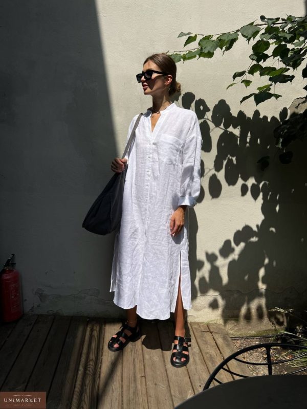Замовити онлайн білого кольору Подовжену сорочку-сукню з льону для жінок подовженого кольору