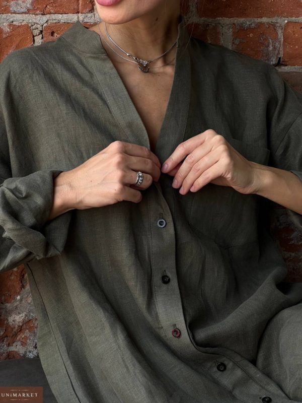 Придбати жіночу Подовжену сорочку-сукню з льону кольору хакі в Україні на літо