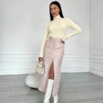 Заказать онлайн розовую Твидовую юбку макси с разрезом на осень дешево