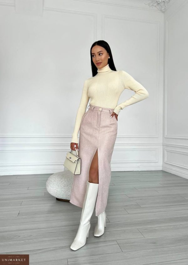 Заказать онлайн розовую Твидовую юбку макси с разрезом на осень дешево