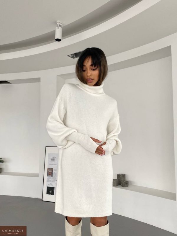 Купить белое женское Зимнее платье-свитер (размер 40-48) недорого