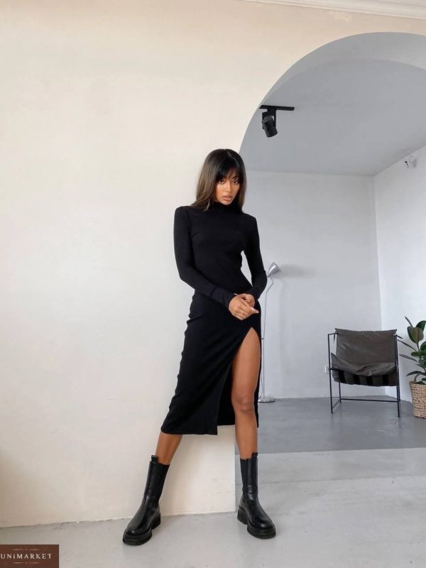 Купити чорну жіночу Трикотажну сукню гольф із розрізом (розмір 40-48) зі знижкою