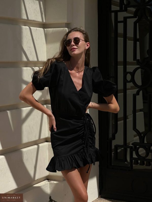 Замовити чорну Бавовняну сукню міні із затяжкою онлайн