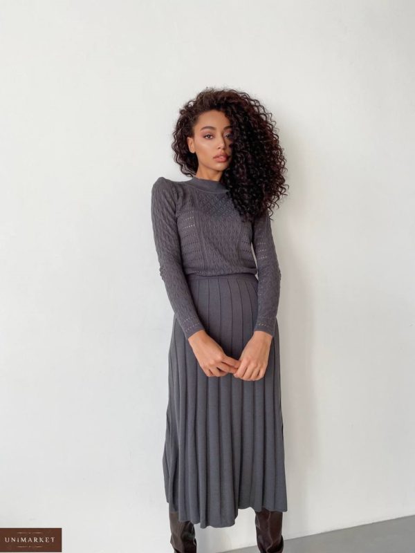 Купить серое женское Ажурное трикотажное платье (размер 42-48) онлайн