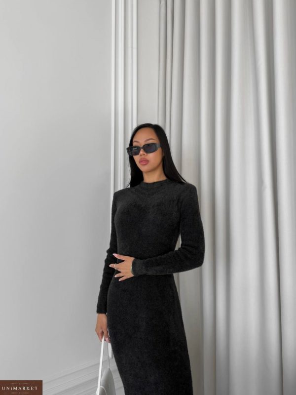 Заказать онлайн Длинное платье-свитер черное на зиму дешево