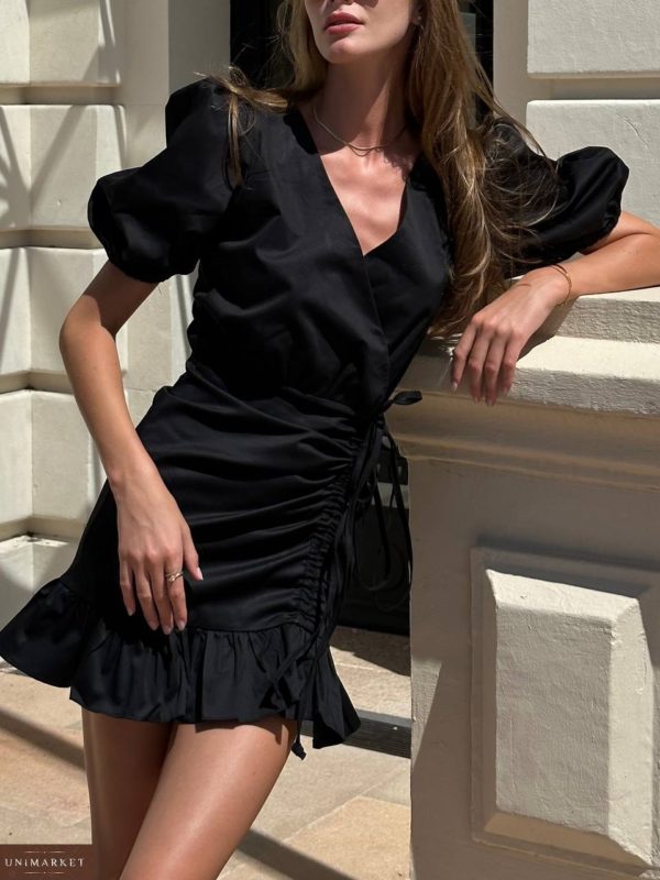 Купити Бавовняну сукню міні із затяжкою зі знижкою чорного кольору