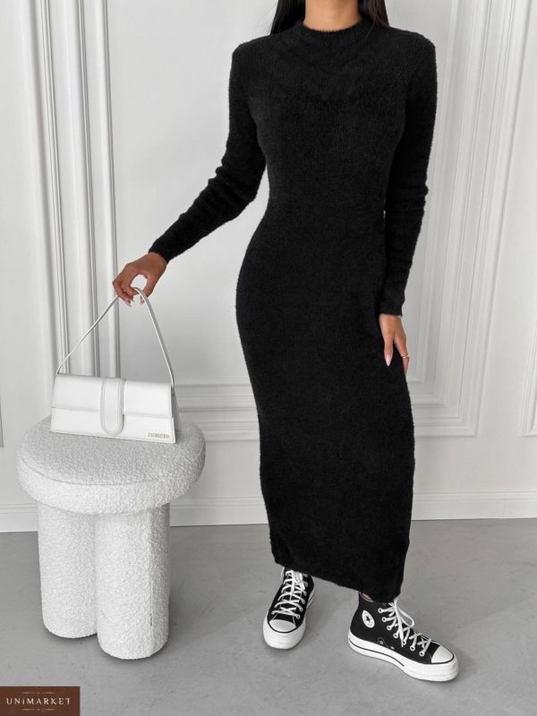 Приобрести черное зимнее Длинное платье-свитер на распродаже