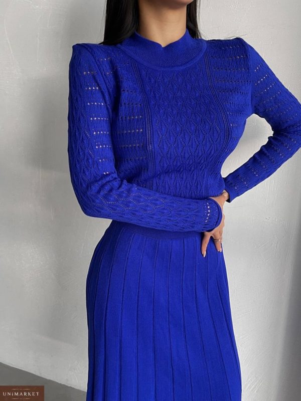 Купить синего цвета женское Ажурное трикотажное платье (размер 42-48) на осень онлайн