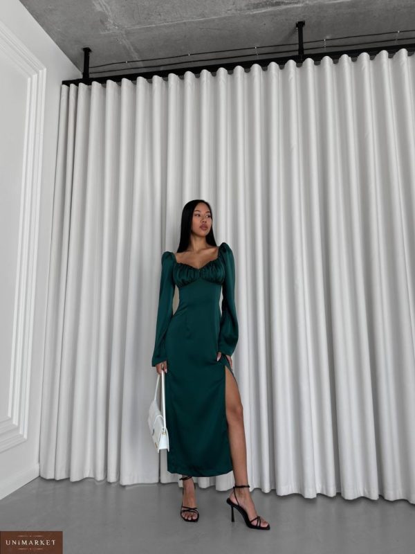 Заказать онлайн Сатиновое платье с длинным рукавом изумрудное выгодно