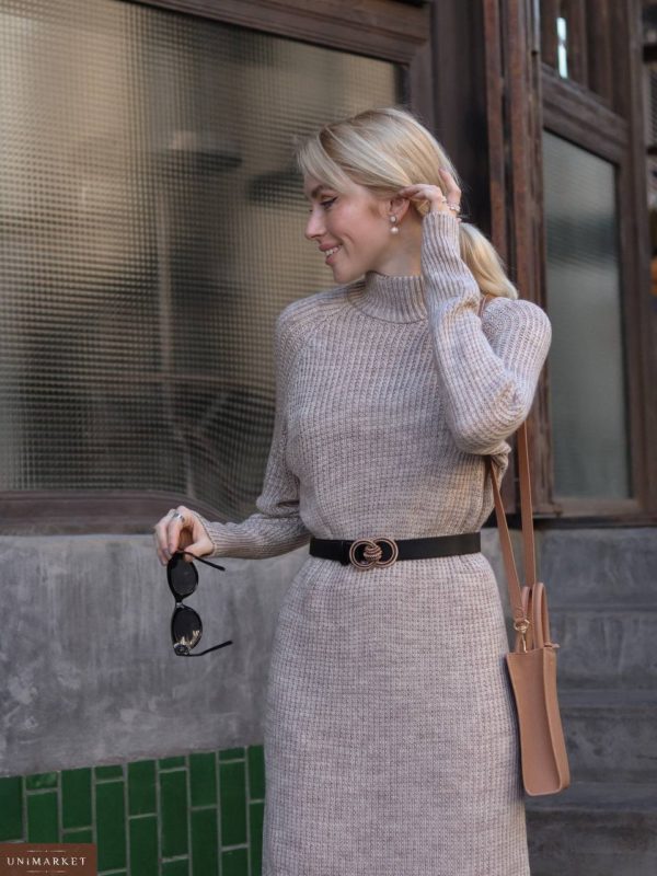 Купить бежевое Вязаное платье оверсайз (размер 42-50) недорого