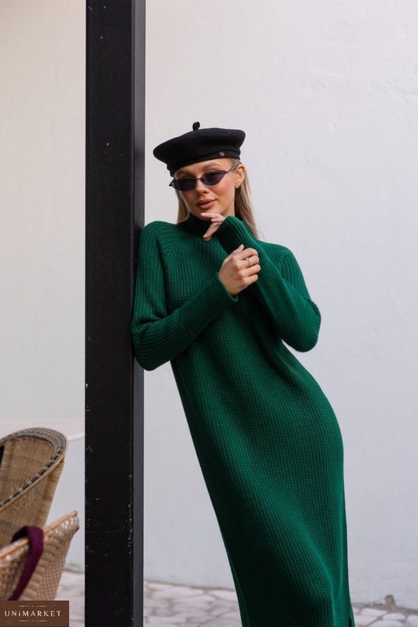 Купить изумрудное осеннее Вязаное платье оверсайз (размер 42-50) дешево