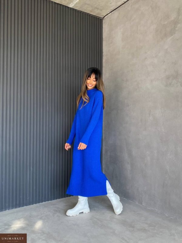 Заказать по скидке синее Вязаное платье оверсайз (размер 42-50) женское на осень