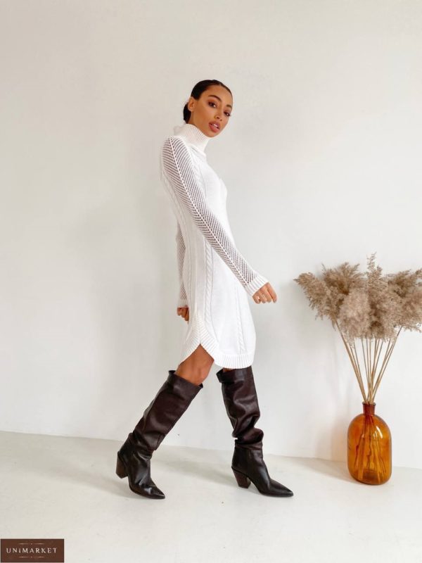 Замовити онлайн біле Сукня-светр з рукавами в сітку в Україн