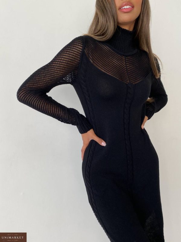 Приобрести в интернет-магазине черное Платье-свитер с рукавами в сетку в Украине по скидке