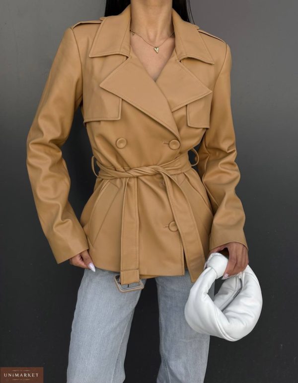 Заказать по скидке коричневую Кожаную куртку с поясом женскую дешево