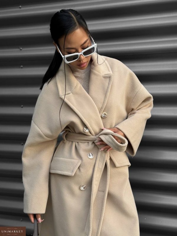 Купить бежевое женское Пальто зимнее с поясом онлайн